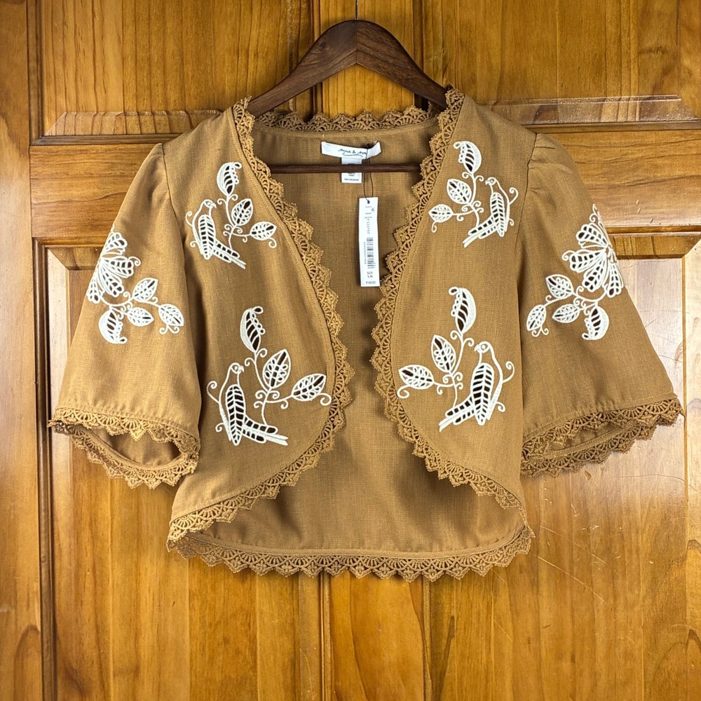NWT Anna & Ava Tan Embroidered Bird Crochet Trim Bolero Shrug S/M Layering